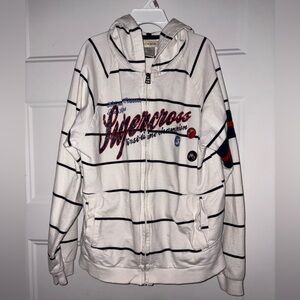 White Striped Hoodie with Red and Navy Accents